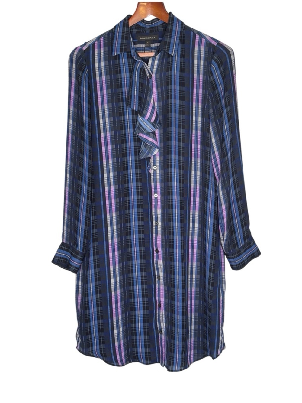 Banana Republic Plaid Ruffle Front Dillon Shirt Dress • Size S • Blue & Purple - Picture 4 of 9